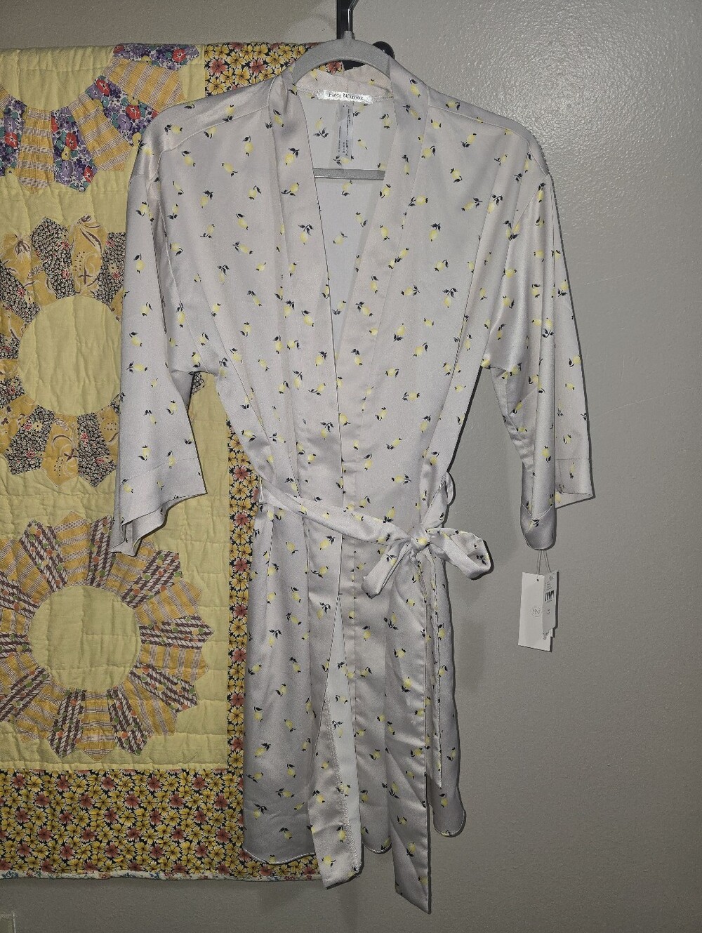Flora Nikrooz Ivory Satin Kimono Robe with Yellow Lemons